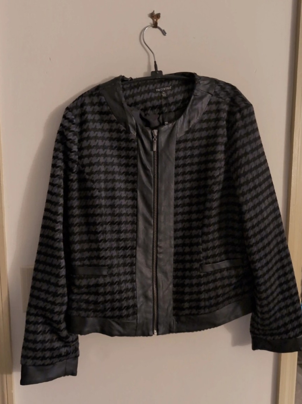 For Cynthia Black Houndstooth Zip Jacket with Faux Leather Trim